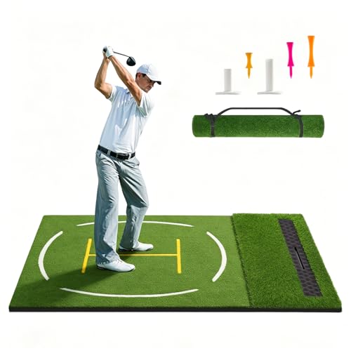 Upgraded Golf Hitting Mat, Dual Turf Golf Practice Mat with Alignment Guide Lines,Ball Tray, Non Slip Rubber Base & EVA Cushion - size: 6x4ft 1.02"