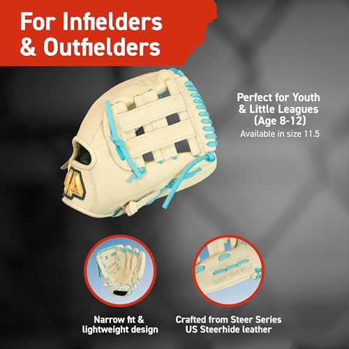 44 PRO BB Stock Rise Baseball Glove for Youth & Little Leagues, Age 8-12, Infield & Outfield, 11.5", H-Web, Easy Break-in, Narrow Fit & Lightweight Design