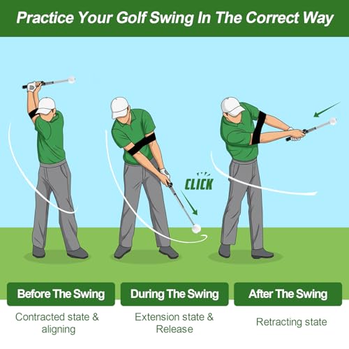 Retractable Golf Swing Trainer with Click Sound & Posture Correction Arm Band, Golf Grip Trainer for Right-Handed, Indoor & Outdoor Training Aid for Beginners to Pros