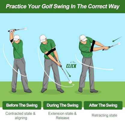 Retractable Golf Swing Trainer with Click Sound & Posture Correction Arm Band, Golf Grip Trainer for Right-Handed, Indoor & Outdoor Training Aid for Beginners to Pros