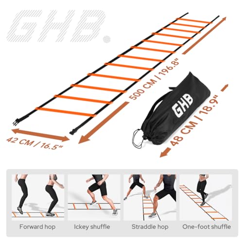 GHB Pro Agility Ladder 2 Pack Agility Training Ladder Speed 12 Rung 20ft with Carrying Bag (Yellow and Orange)