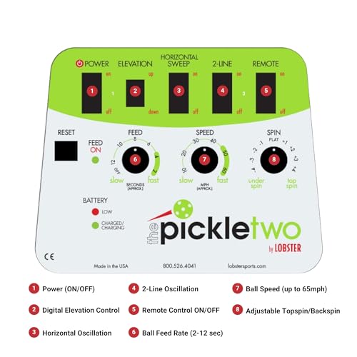 Lobster Sports Pickleball Machine – Full-Featured – Adjustable Topspin, Backspin, & Lobs, Random Oscillation, Ball Speed (20-60MPH), Lightweight & Portable, Holds 125 Balls, with Multi-Function Remote - style: The Pickle Two