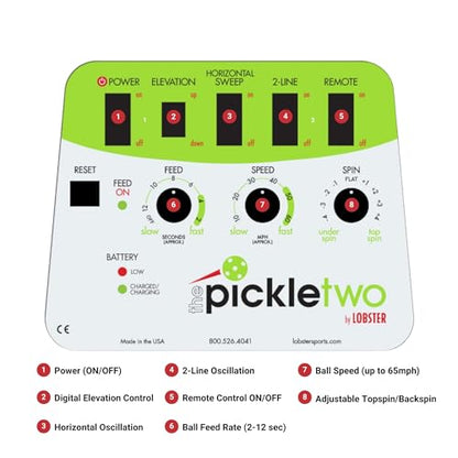 Lobster Sports Pickleball Machine – Full-Featured – Adjustable Topspin, Backspin, & Lobs, Random Oscillation, Ball Speed (20-60MPH), Lightweight & Portable, Holds 125 Balls, with Multi-Function Remote - style: The Pickle Two