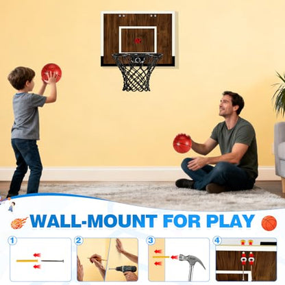 Indoor Mini Basketball Hoop Set – Over The Door with Wood Backboard & Iron Rim – Includes 2 Balls & Air Pump – Anti-Shock Padding – 16"x12"x3"