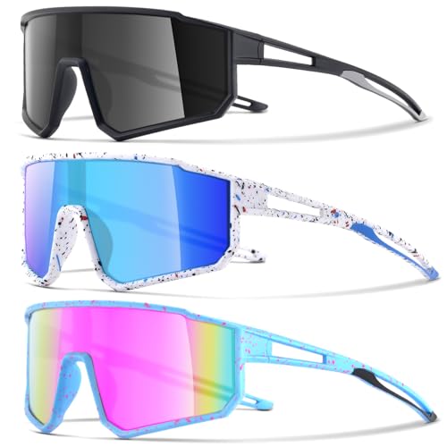 3PACK Kids Sunglasses for 6-14 Boys Girls, Youth Baseball and Cycling UV400 Protection Goggles - color: 3pcs-black+white Blue+blue Pinke-k06