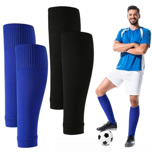 2 Pairs Pre Cut Soccer Socks, Soccer Sock Sleeves and Shin Guard Sleeves for Youth Men and Women, Breathable Stretch Calf Support, Secure Fit Leg Covers for Training Practice and Matches - color: Black+Blue, size: Large