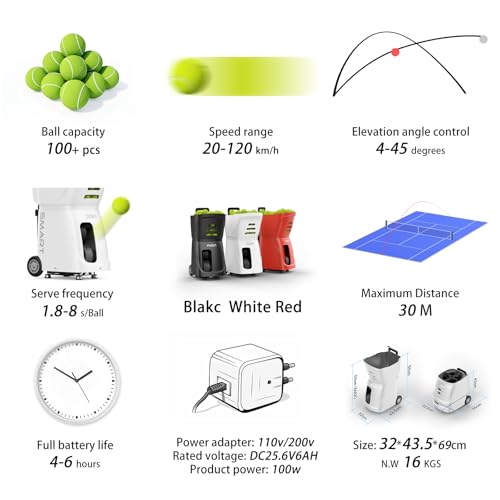 PT-Smart: Tennis Ball Machine | APP Controlled 20-Point Programming | 4-6Hr Battery Life | 20-120km/h Variable Speed | 100+ Ball Capacity | Portable Professional Training - color: White