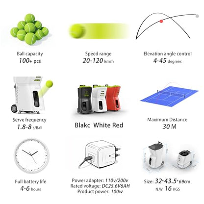 PT-Smart: Tennis Ball Machine | APP Controlled 20-Point Programming | 4-6Hr Battery Life | 20-120km/h Variable Speed | 100+ Ball Capacity | Portable Professional Training - color: White