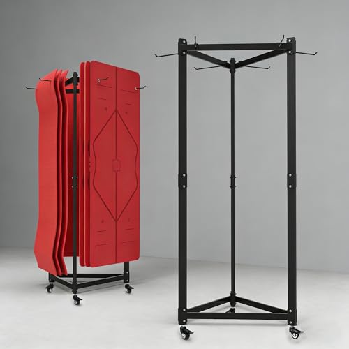 Yoga Mat Holder Hanging, Floor Rolling Yoga Mat cart, Large Capacity Storage Rack, with Includes Hole Punch, Metal Square Tube Storage Shelf for Home Gym,Fitness Club,Yoga Studio (Black B) - color: Black(b)