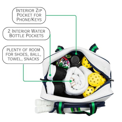 Brooklyn Pickleball Bag - Women's Pickleball Bag with fence hook, Quality Construction, Functional And cute Design - color: White Navy/Green/Silver