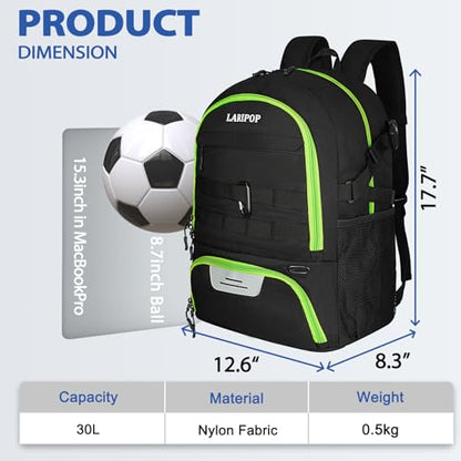 LARIPOP Soccer Backpack with Ball Holder & Shoe Compartment Large Capacity Youth Sports Bag for Training - color: Lemon Green