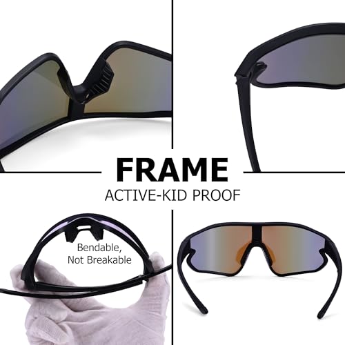 Kids Baseball Sunglasses - Youth Baseball Sunglasses for Boys Girls - Sports Softball Shades Age 6-14 - color: B8 Black / Blue Mirror