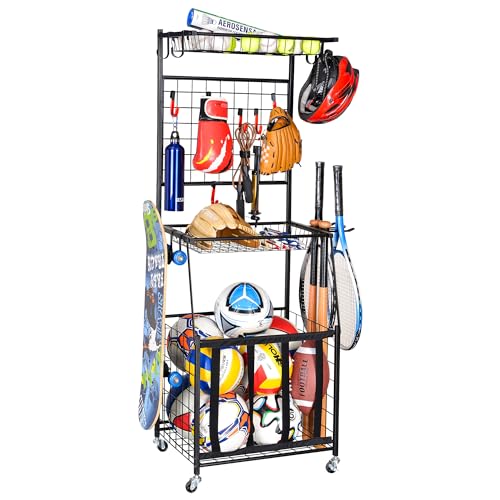 PLKOW Sports Equipment Storage for Garage, Indoor/Outdoor Sports Rack for Garage, Ball Storage Garage Organizer with Basket and Hooks,Toy/Sports Gear Storage