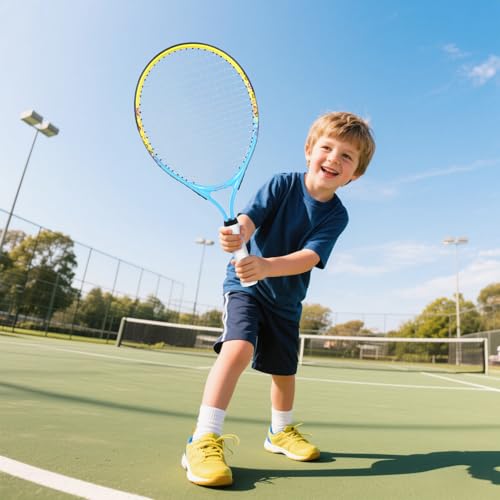 17"-23" Kids Tennis Racket for Aged 2-9, Lightweight and Durable, Including 1 Toddler Tennis Racket and 1 Replacement Grip Tapes - color: 1-Yellow Blue, size: 21"