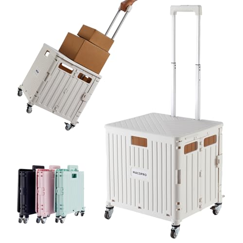 Foldable Utility Cart Folding Portable Rolling Crate Handcart with Durable Heavy Duty Plastic Telescoping Handle Collapsible 4 Rotate Wheels for Travel,Shopping, Luggage, Office, Teacher(White) - color: White