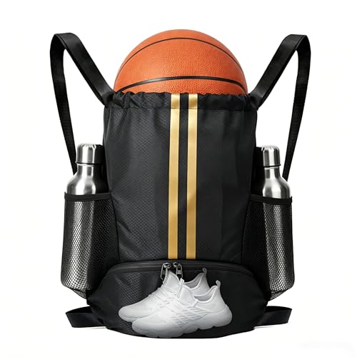 Black Gold Sports Drawstring Backpack with Shoes Compartment, String Gym Bag with Wet Proof Pocket for Basketball, Soccer, Swim, Sport Bag for Men and Women - color: Black Gold