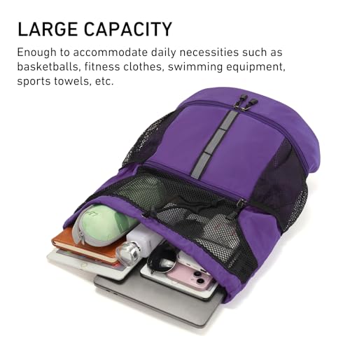 Valleycomfy Drawstring Gym Bag Sports Backpack With Shoe Compartment and Reflective Strips Purple - color: Purple08