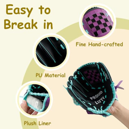 Urby Left Handed Baseball Glove, Left Handed T Ball Glove for Lefty, Left Hand Throw Only. T-Ball & Youth Baseball Gloves. - color: Black & Purple, size: 10.5in Age 4-7