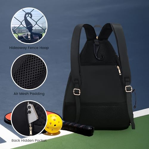 Women's Pickleball Backpack - Quilted Crossbody Sling Bag for Tennis & Pickleball Paddle - color: Black, size: Medium