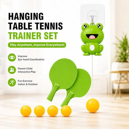 Hanging Table Tennis Trainer Starter Kit, Portable Ping Pong Paddle Set for Kids with Racket and Balls, Parent-Child Door Pong Game Exerciser for Outdoor & Indoor Games