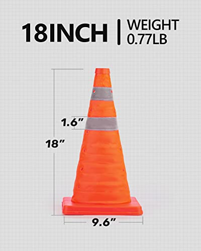 [4 Pack] 18 Inch Collapsible Traffic Safety Cones, Orange Cones, Multi Purpose Pop-up Cones with Reflective Collar, for Road Parking, Driving Practice