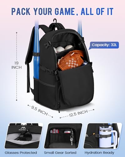 MATEIN PRO Girls Softball Bag with Helmet Net, Lightweight Softball Backpack with Ventilated Shoe Compartment & Organizer Pocket, Youth Baseball Bag with Side Pockets for 40oz Tumbler & TBall Bats - color: Black