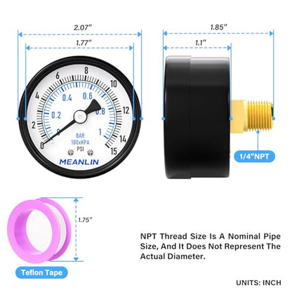 0-15Psi Well Pump Pressure Gauge 1/4" NPT 2" FACE DIAL for Water Oil Air Well Pump Tank Tire Pressure Test Back Mount, with Teflon Tape - size: 0-15Psi