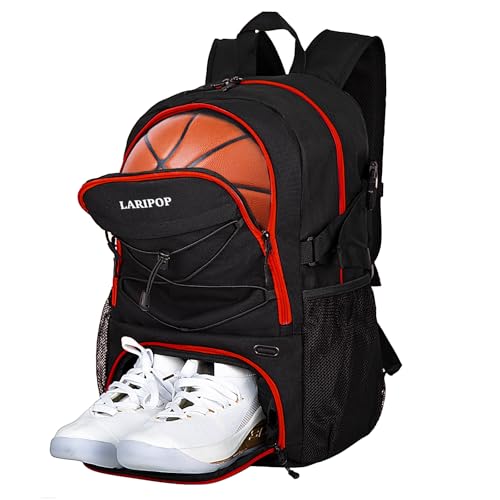 LARIPOP Basketball Backpack with Ball Compartment - Ventilated Shoe Pocket Fits US Size 15, Water Resistant 30L Sports Bag for Men Women Teen Athletes Practice Travel - color: Red