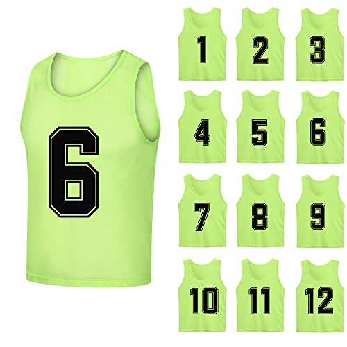 12 Pack（1-12） Numbered Pinnies/Soccer Training Bibs/Basketball Jerseys for Kids,Youth and Adults - color: 1-12 Neon Green, size: Medium