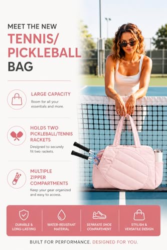 Pickleball,Tennis Racket Bag,Gym Bag for Women,Man. Quilted, Holds 2 Rackets with Shoe Compartment. Sport Bag for Gym, Court, Travel Duffle Bag - color: Candy Pink