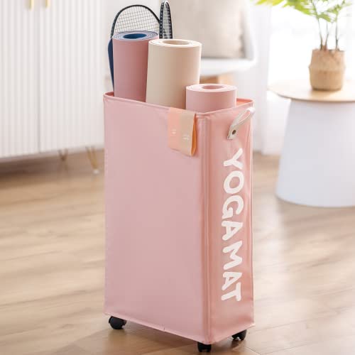 Twira Yoga Mat Storage Racks, Home Gym Storage Rack for Foam Roller, Yoga Strap and Resistance Bands, Workout Equipment Corner Storage Organizer with Wheels - color: Pink1