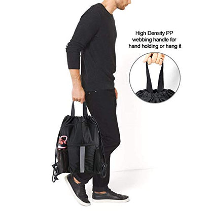 BeeGreen Drawstring Backpack Bag with Shoe Compartment, X-Large Black Gym Sports String Cinch Backpack - color: Black