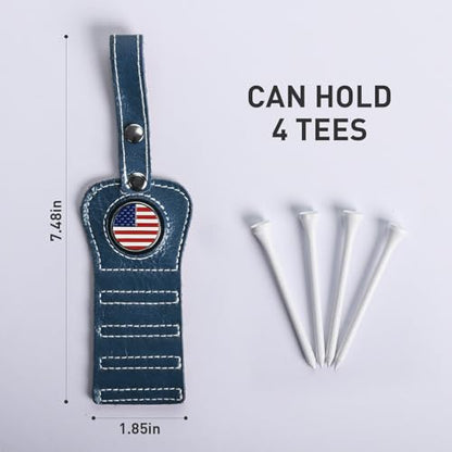 VEASAERS Golf Tee Holder with USA Ball Marker 4 Pcs White Wood Tees, Portable Hold Different Tee Leather Gift Hook Hanging Clip to Golf Bag Belt - color: Blue