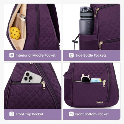 Women's Pickleball Backpack - Quilted Crossbody Sling Bag for Tennis & Pickleball Paddle - color: Purple, size: Large