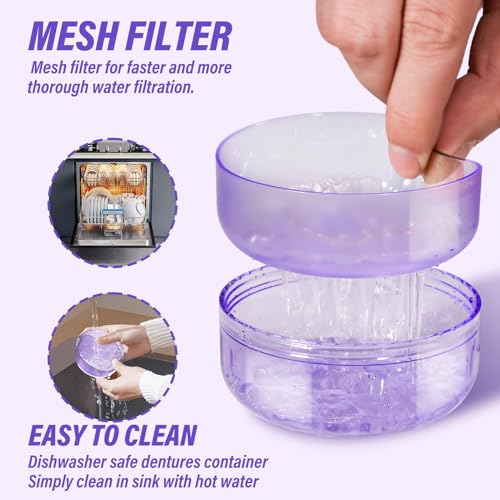 Denture Case, 2PCS Retainer Case with Strainer Basket, 2 in 1 Denture Bath Case No-Leak Retainer Cleaner Case, Retainer Holder for Travel, Mouth Guard Case for Dentures, Clear Braces, Night Guard - color: Blue-Purple