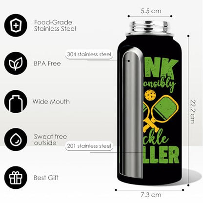 Pickleball Water Bottle 32oz | Insulated Stainless Steel Travel Tumbler with Lid Leak-Proof Keep Hot or Cold, BPA-Free |Dink Responsibly Gifts for Pickleball Lovers - color: Pickleball - blackt