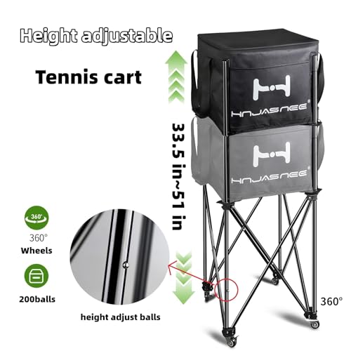 Foldable Adjustable Tennis Ball Hopper, Large Capacity Basket Holds 200 Balls, Upgraded Pickleball Caddy with Multifunction Pockets and Wheels for Training and Teaching