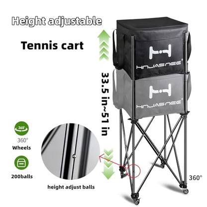 Foldable Adjustable Tennis Ball Hopper, Large Capacity Basket Holds 200 Balls, Upgraded Pickleball Caddy with Multifunction Pockets and Wheels for Training and Teaching