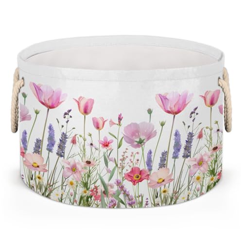 Pardick Large Round Storage Basket Flower Floral Collapsible Circle Storage Bin Basket Laundry Hamper With Handle for Kids Boy Girls Toy Bedroom Living Room Nursery Room Decor Storage Organizer - color: F:flower floral