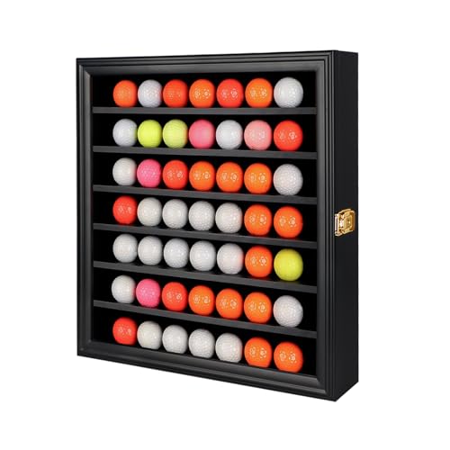 KCRasan 49 Golf Ball Display Case Lockable - Golf Ball Holder Gift for Golf Enthusiasts - Golf Ball Display Rack Cabinet for Wall Mount Real Glass Door, Black
