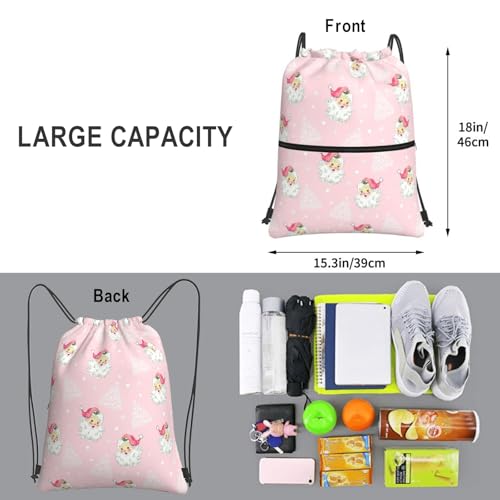 Christmas Tree Santa Claus Drawstring Bag, Waterproof Snowflake Drawstring Bckpack for Gym Sports Xmas Party Gift, Women Durable Pink Sackpack Bag with Front Zipper Pocket and Inside Zipper Pocket - color: Christmas Santa Claus Pink