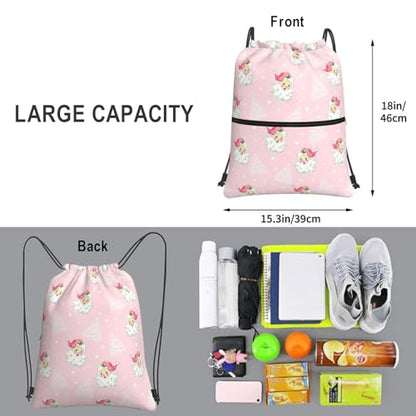 Christmas Tree Santa Claus Drawstring Bag, Waterproof Snowflake Drawstring Bckpack for Gym Sports Xmas Party Gift, Women Durable Pink Sackpack Bag with Front Zipper Pocket and Inside Zipper Pocket - color: Christmas Santa Claus Pink