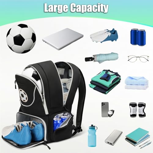 YOREPEK Large Soccer Backpack, Soccer Bag for Boys with Ball & Detachable Shoe Compartment, Wet Dry Pocket, Detachable Name Card, Equipment Bag Fits 15.6 Inch Laptop