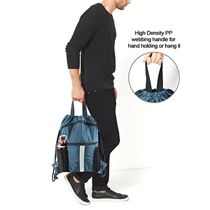 BeeGreen Drawstring Backpack Bag with Shoe Compartment, X-Large Black Gym Sports String Cinch Backpack - color: Haze Blue