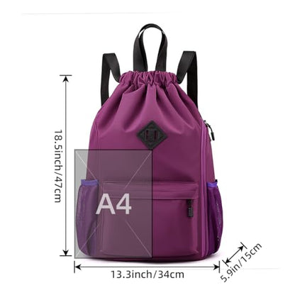 Valleycomfy Waterproof Drawstring Gym Backpack Bag for Men & Women,Sports Gym Bag with Side Pocket Orange - color: A-purple
