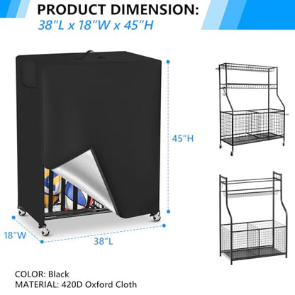Basketball Rack Cover Garage Sports Equipment Organizer Cover for Ball Storage Rack Waterproof & Dustproof Sports Organizer Bag 38" L x 18" W x 45" H Black