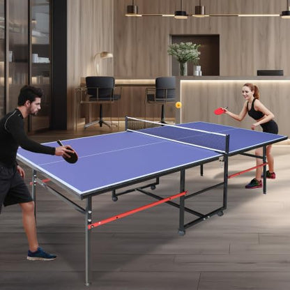 8ft/9ft Mid-Size Table Tennis Table Foldable & Portable Ping Pong Table Set for Indoor Games with Net, 2 Table Tennis Paddles and 3 Balls