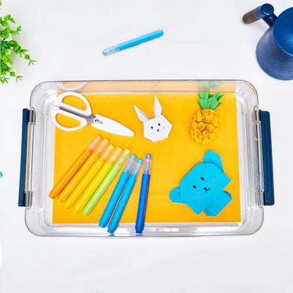 CATOOMUU 16 Pack Clear Plastic Storage Boxes with Lids, 9x13 Inches Shallow Flat, 5.5 Qt, Stackable Cases with Snap-Tight Latch, Organizer for Paper, A4 Files, Documents, Arts, Scrapbooking & Crafts - color: Large-Blue-16packs