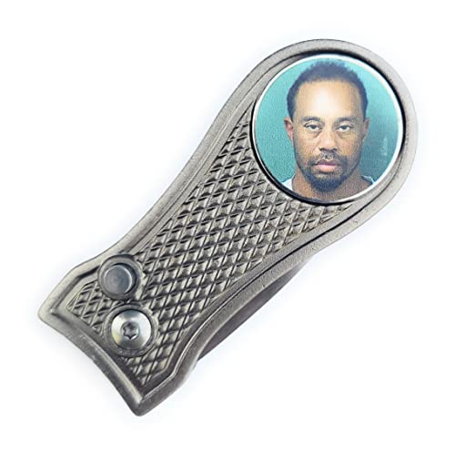 Tiger Woods Mugshot Golf Divot Repair Tool with Ball Marker - Foldable Switchblade Design (Black)