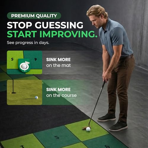 Golf Putting Mat: Indoor Putting Green with 4 Cups and Target Zones - Portable Golf Training Aid and Capture the Cup Putting Game - color: 9ft x 2.5ft Green & Black
